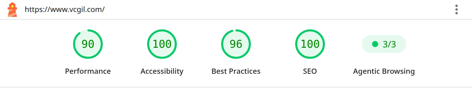 Lighthouse mobile scores for vcgil.com: 90 performance, 100 accessibility, 96 best practices, 100 SEO, 100 agentic browsing