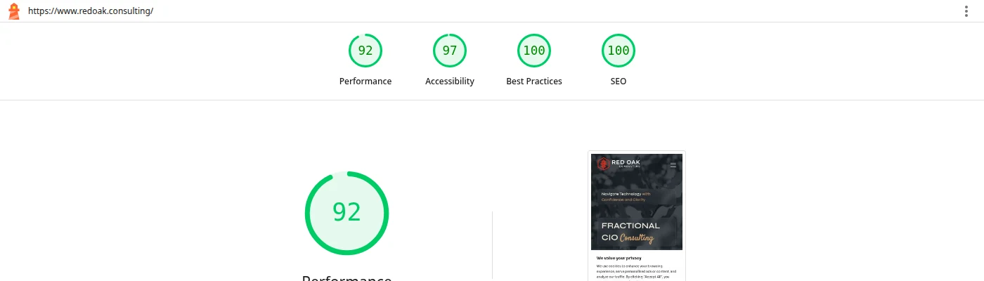 Lighthouse mobile report for www.redoak.consulting, October 22, 2026: 92 performance, 97 accessibility, 100 best practices, 100 SEO
